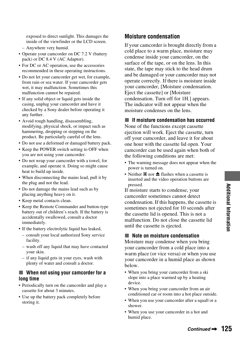 P. 125), P. 125, Moisture condensation | Sony HVR-Z7E User Manual | Page 125 / 146