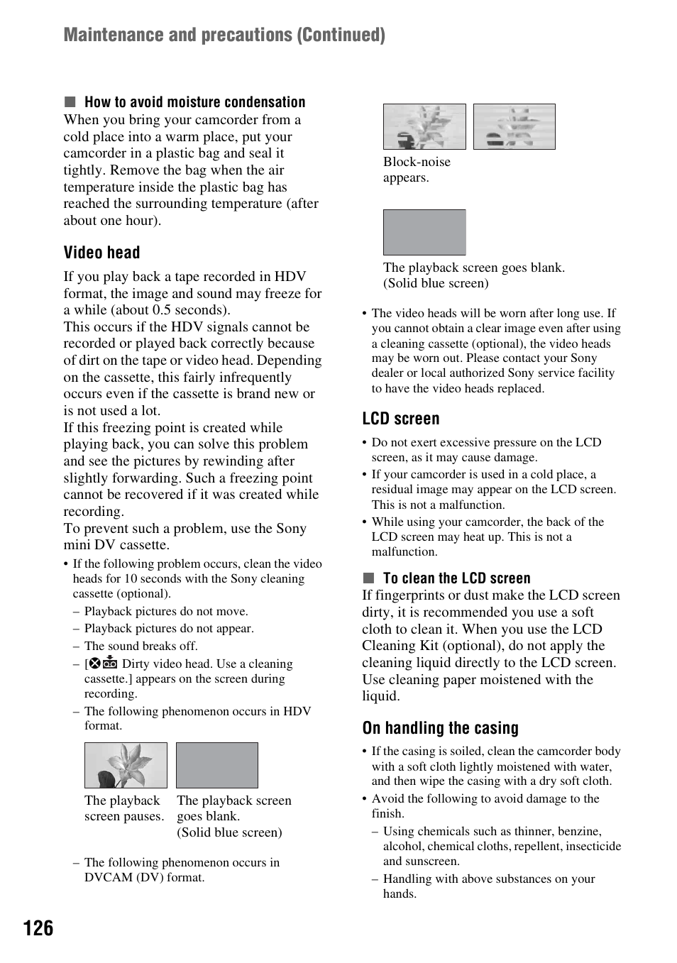 P. 126, Y (p. 126, P. 126) | Maintenance and precautions (continued), Video head, Lcd screen, On handling the casing | Sony HVR-Z7E User Manual | Page 126 / 146