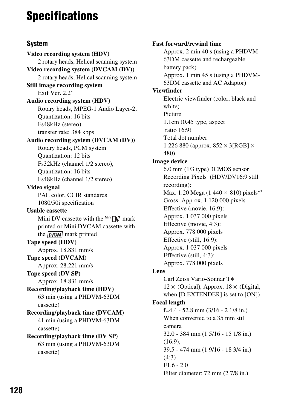 Specifications | Sony HVR-Z7E User Manual | Page 128 / 146