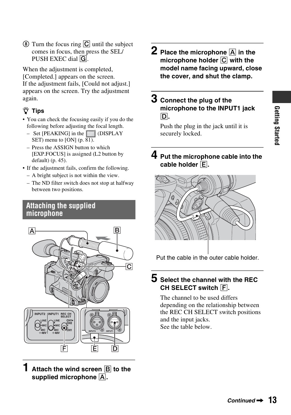 P. 13, Attaching the supplied microphone | Sony HVR-Z7E User Manual | Page 13 / 146