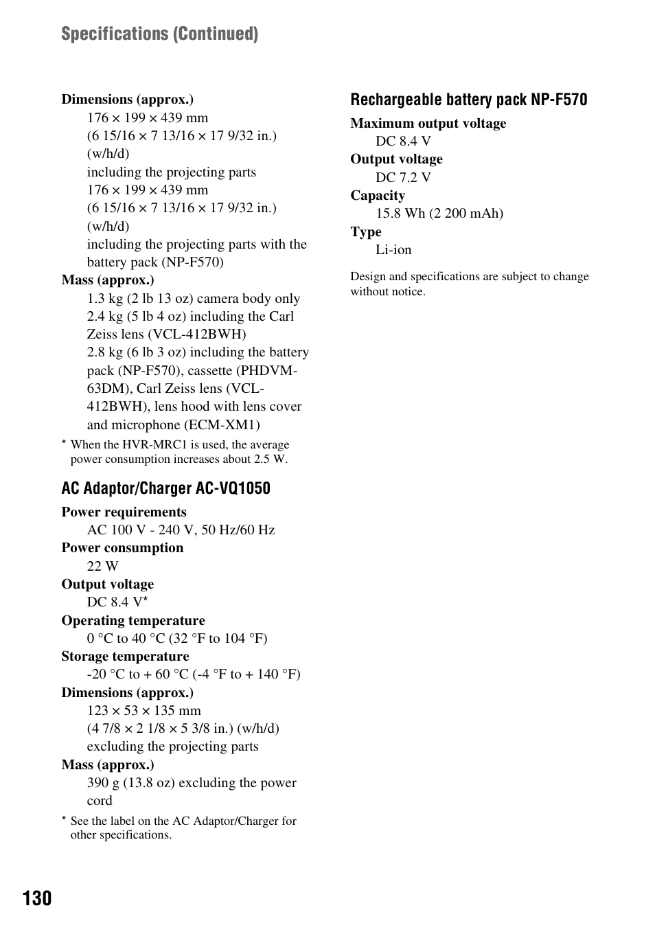 Specifications (continued) | Sony HVR-Z7E User Manual | Page 130 / 146