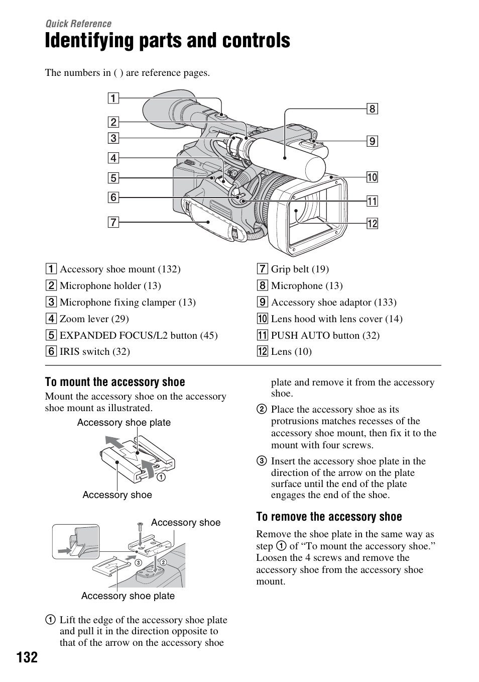 Quick reference, Identifying parts and controls, P. 132) | Sony HVR-Z7E User Manual | Page 132 / 146