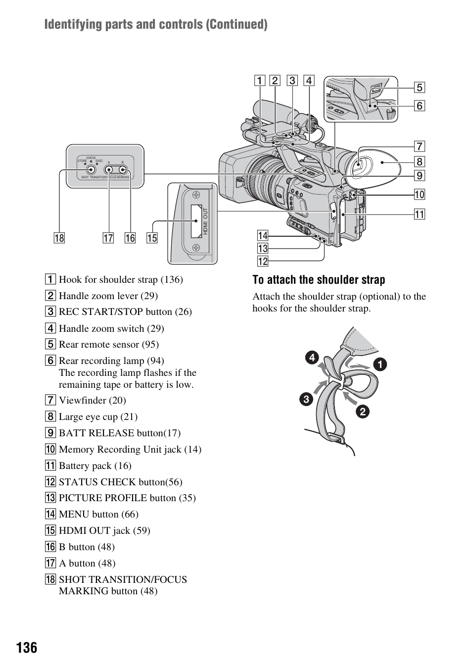 Identifying parts and controls (continued) | Sony HVR-Z7E User Manual | Page 136 / 146