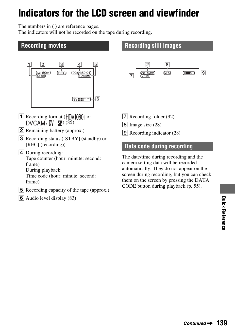 Indicators for the lcd screen and viewfinder, Recording movies, Recording still images data code during recording | Sony HVR-Z7E User Manual | Page 139 / 146