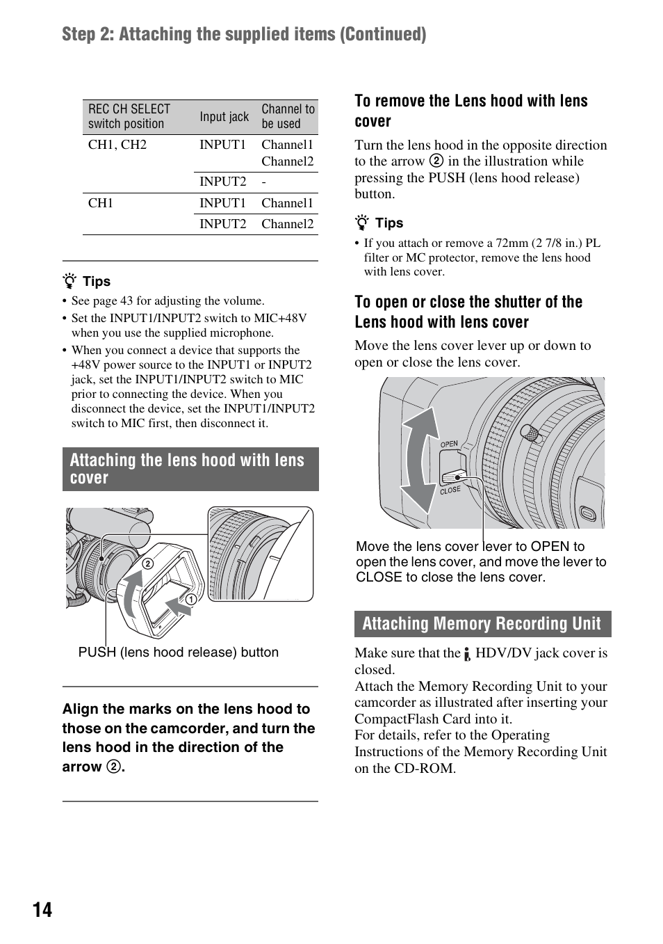 P. 14), P. 14, Step 2: attaching the supplied items (continued) | Attaching the lens hood with lens cover | Sony HVR-Z7E User Manual | Page 14 / 146