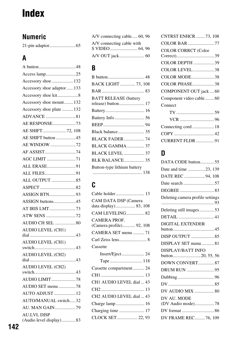 Index, Numeric | Sony HVR-Z7E User Manual | Page 142 / 146