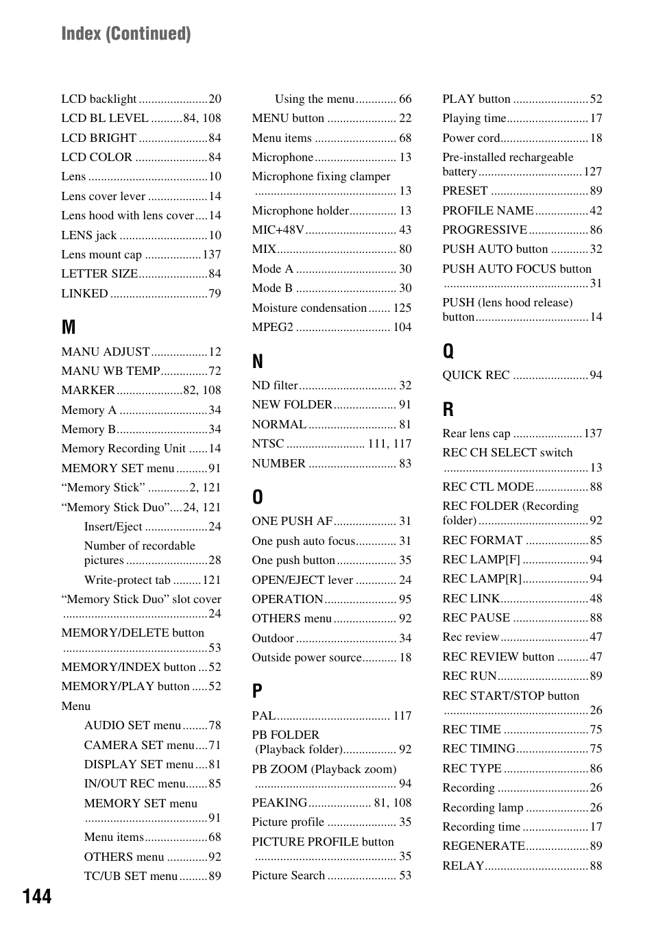 Index (continued) | Sony HVR-Z7E User Manual | Page 144 / 146