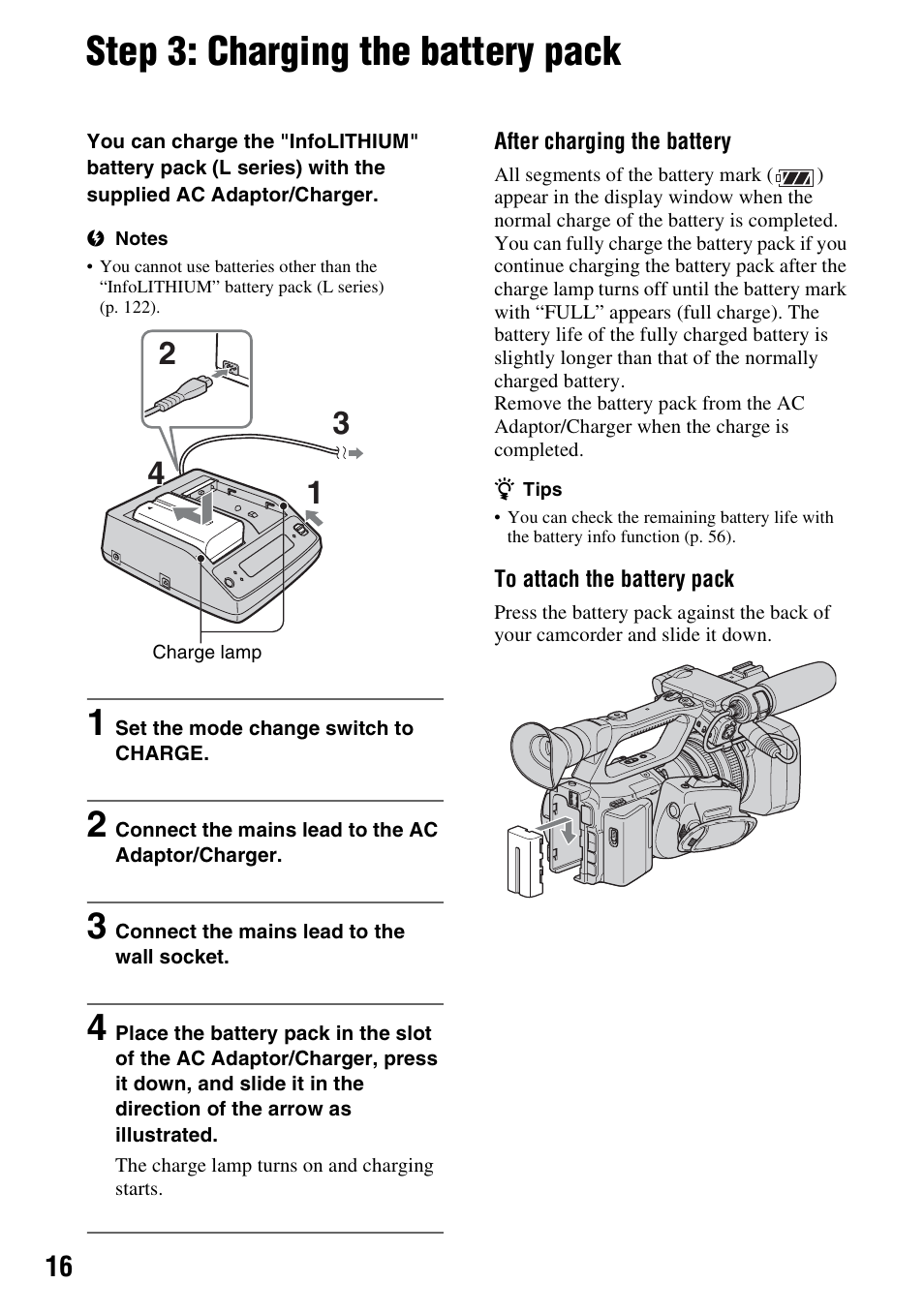 Step 3: charging the battery pack, P. 16, P. 16) | Sony HVR-Z7E User Manual | Page 16 / 146