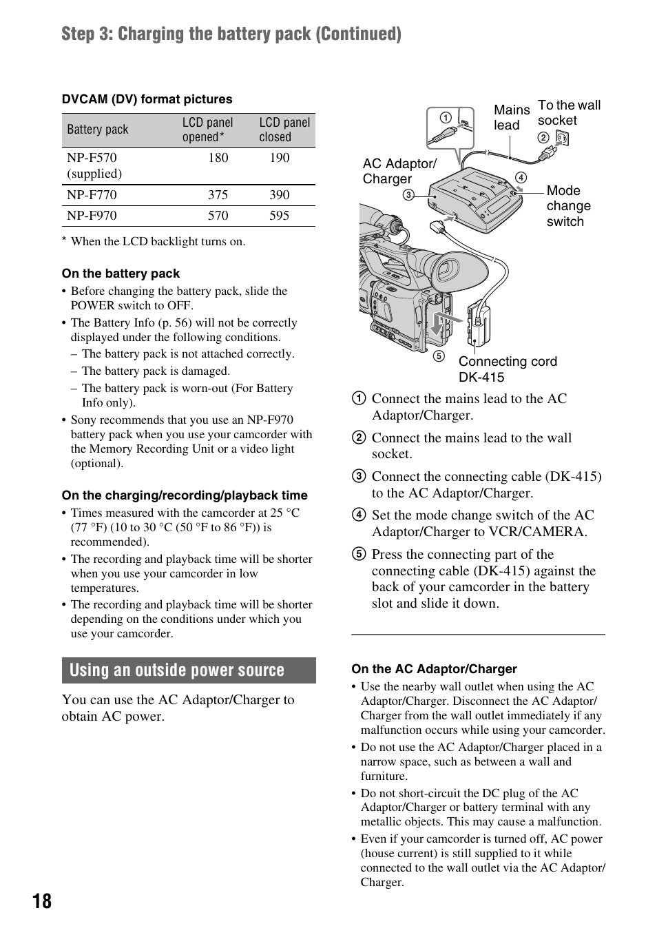 Step 3: charging the battery pack (continued), Using an outside power source | Sony HVR-Z7E User Manual | Page 18 / 146