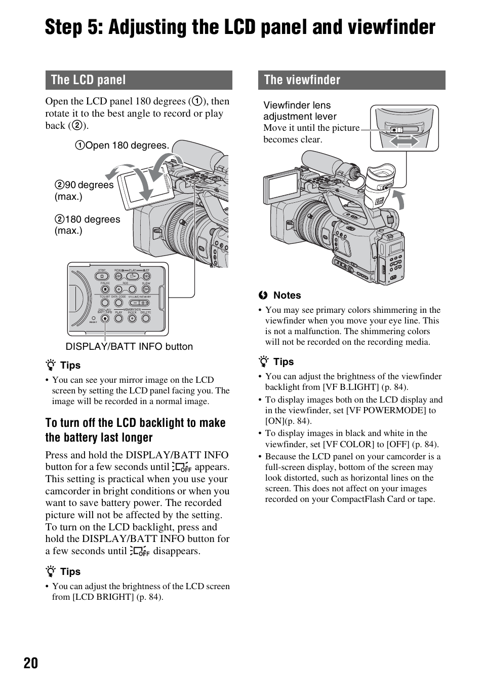 Step 5: adjusting the lcd panel and viewfinder, The lcd panel, The viewfinder | Sony HVR-Z7E User Manual | Page 20 / 146