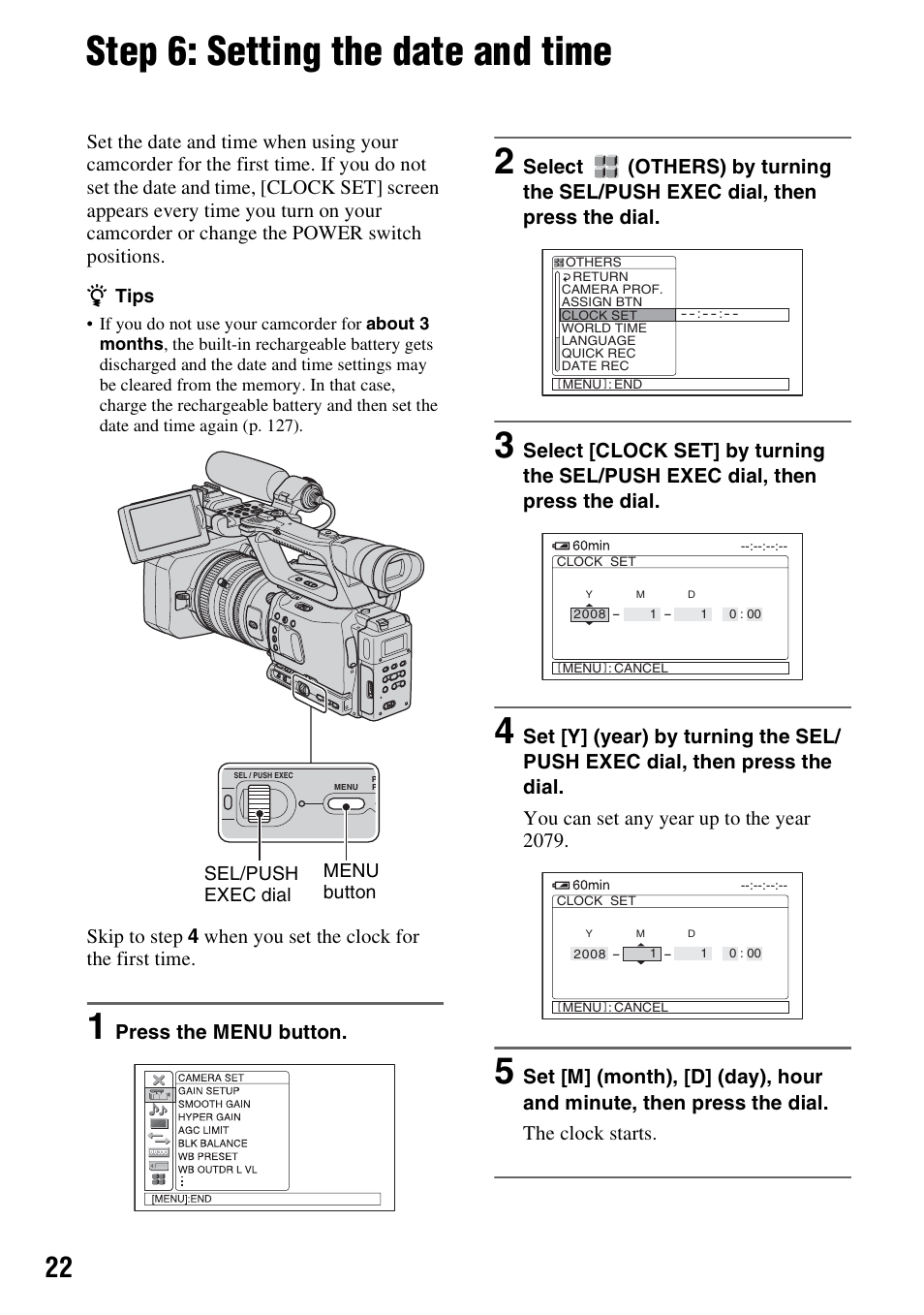 Step 6: setting the date and time, Press the menu button | Sony HVR-Z7E User Manual | Page 22 / 146