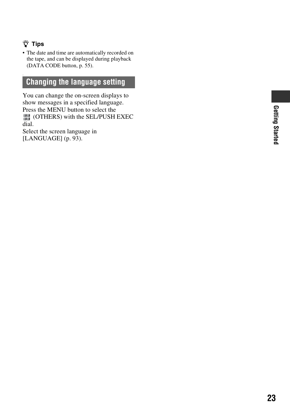 Changing the language setting | Sony HVR-Z7E User Manual | Page 23 / 146