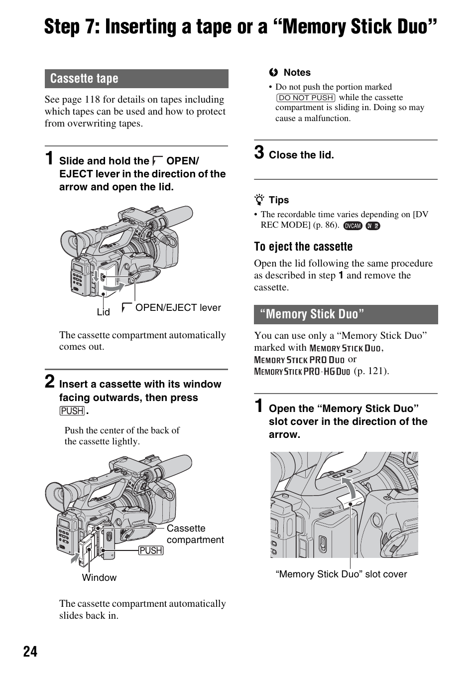 Step 7: inserting a tape or a “memory stick duo | Sony HVR-Z7E User Manual | Page 24 / 146