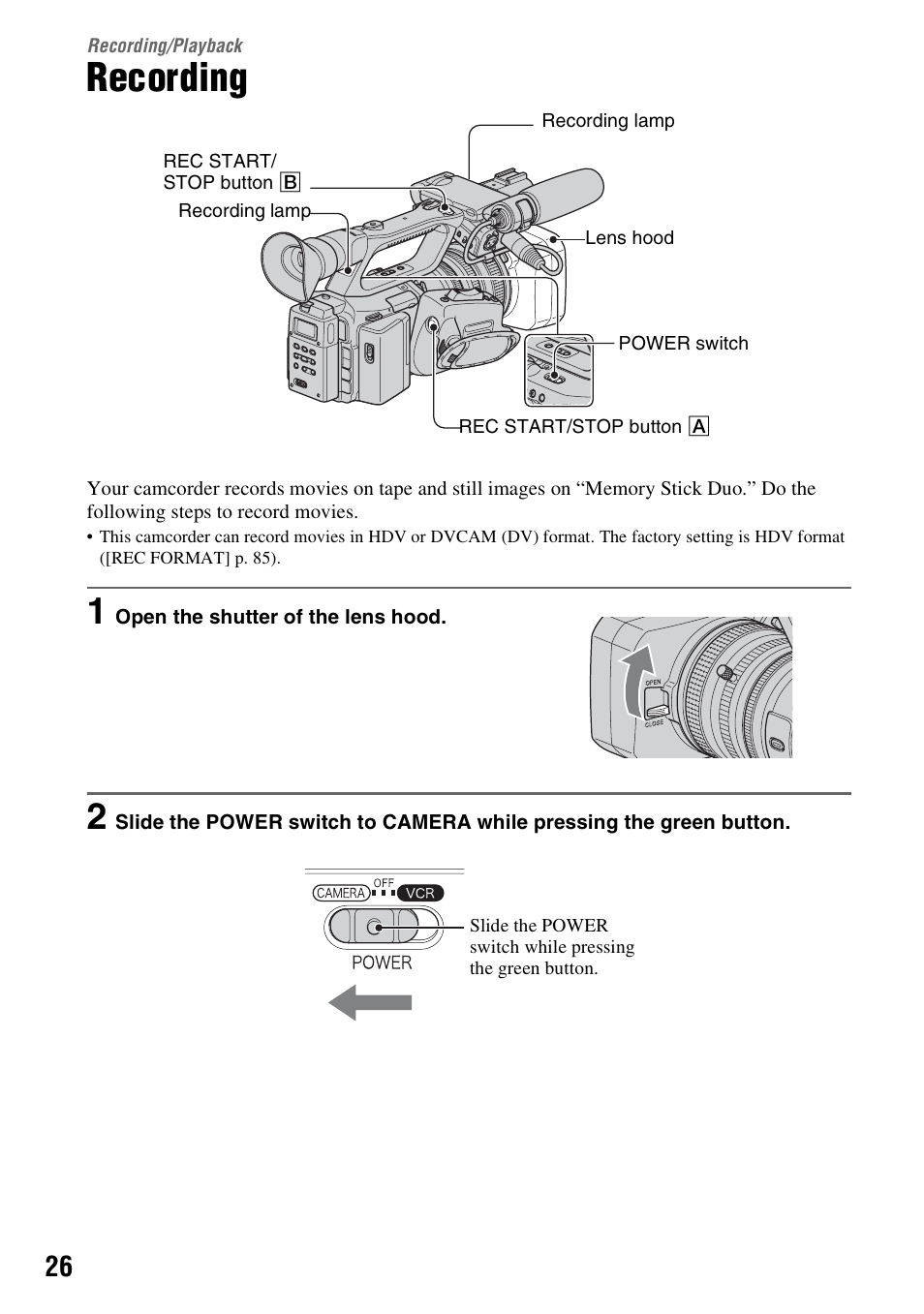 Recording/playback, Recording | Sony HVR-Z7E User Manual | Page 26 / 146