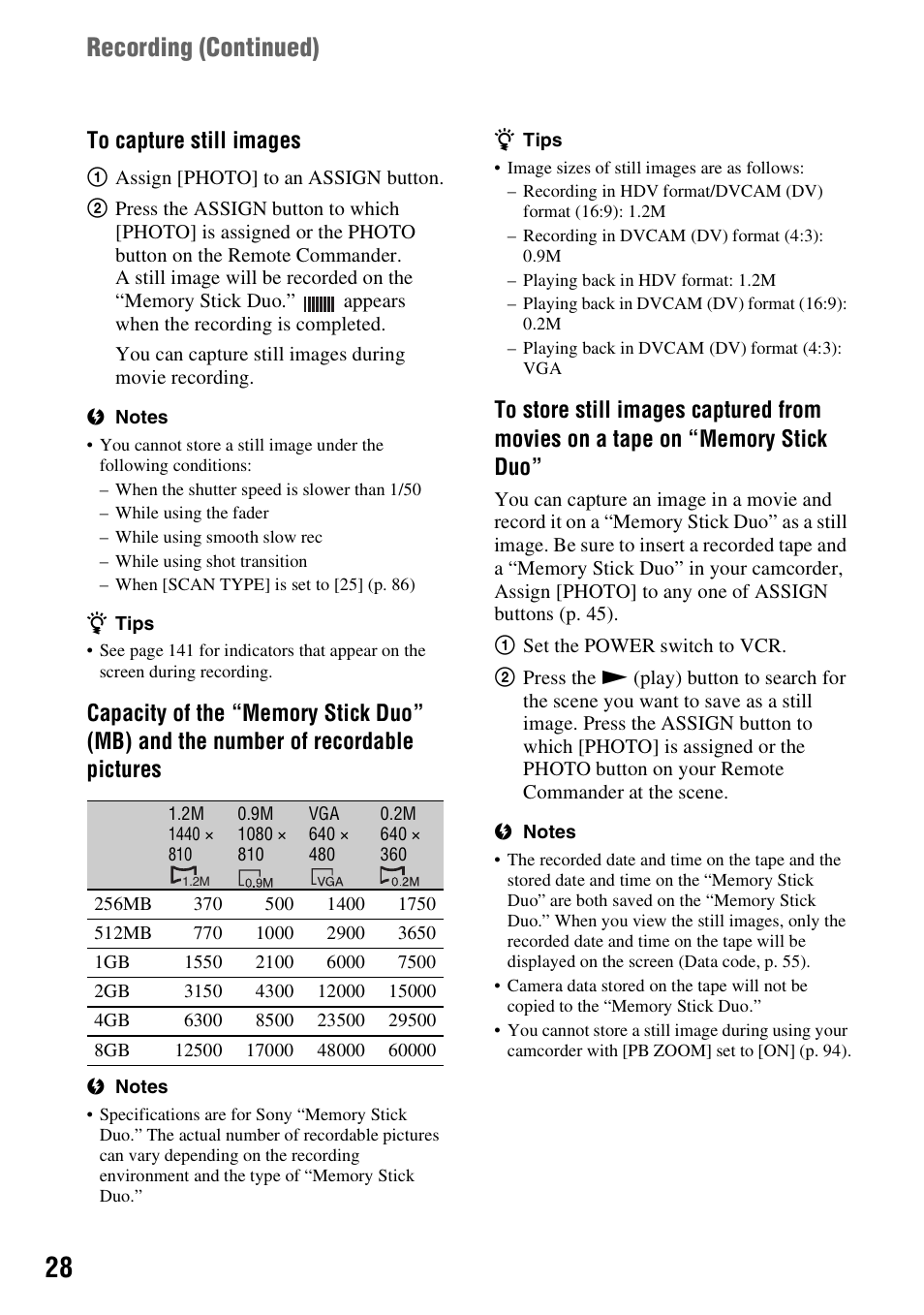 Recording (continued) | Sony HVR-Z7E User Manual | Page 28 / 146