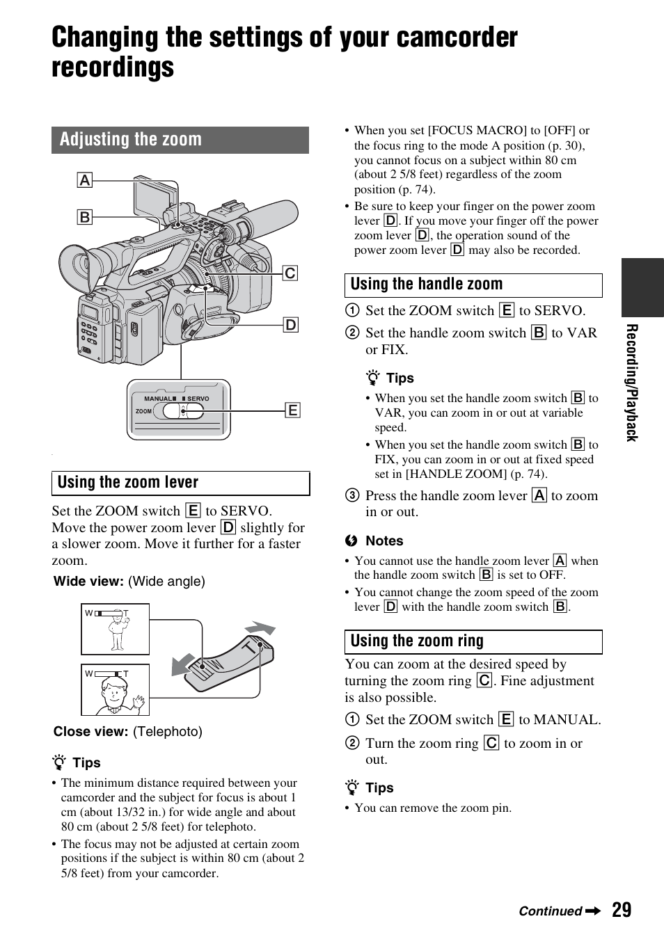 Changing the settings of your camcorder recordings, Adjusting the zoom | Sony HVR-Z7E User Manual | Page 29 / 146