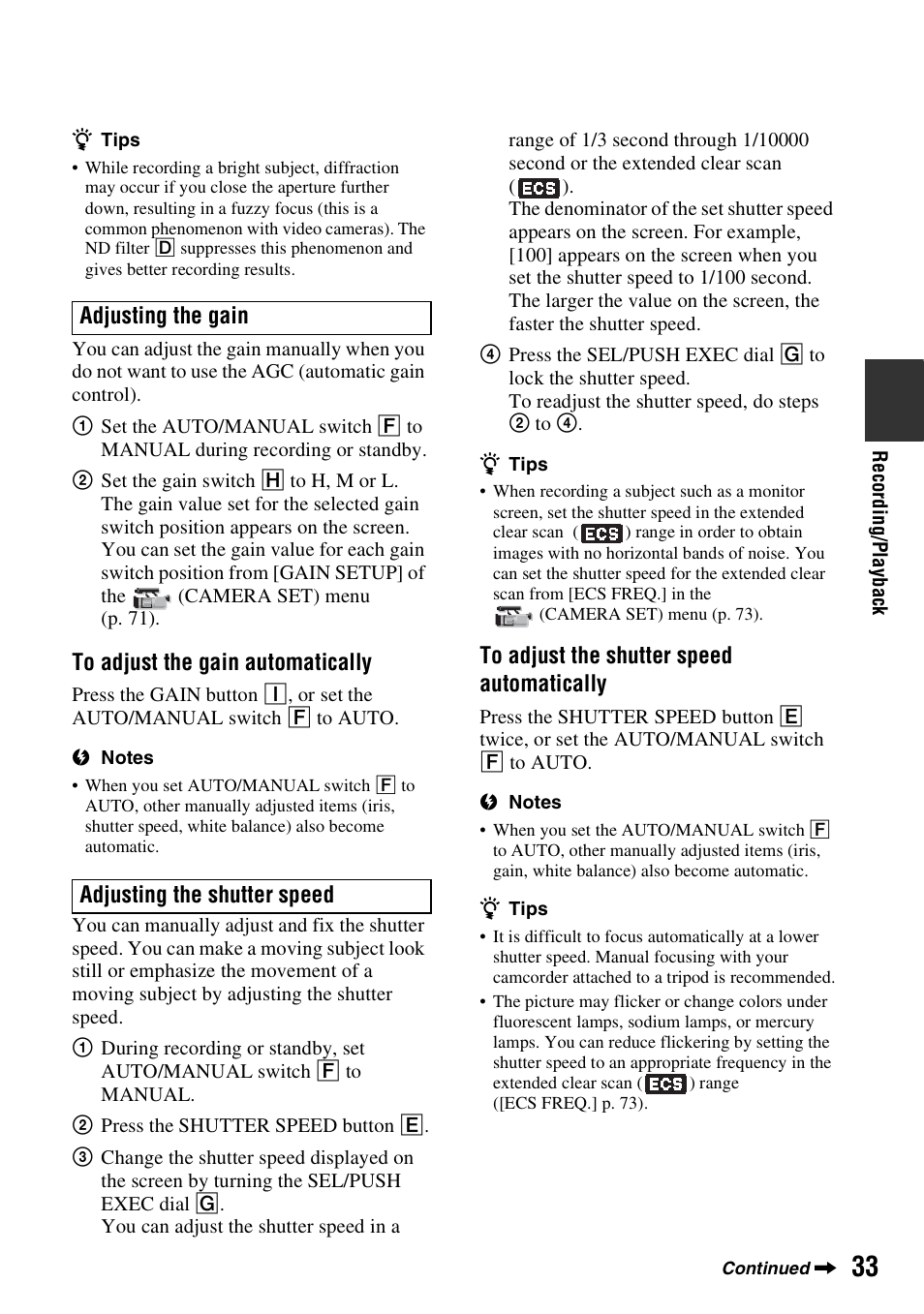 Adjusting the gain adjusting the shutter speed | Sony HVR-Z7E User Manual | Page 33 / 146