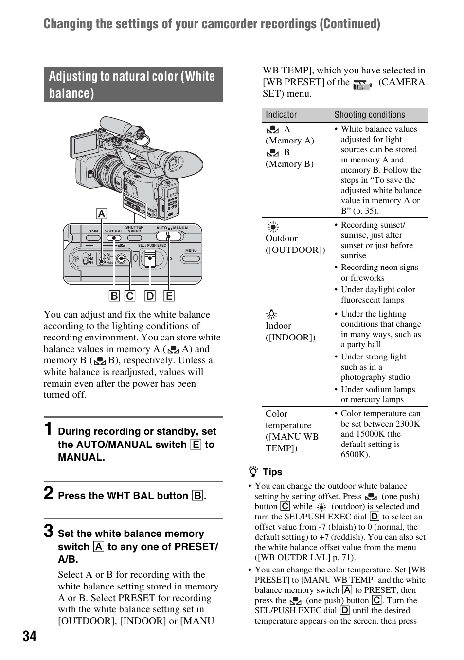 Adjusting to natural color (white balance) | Sony HVR-Z7E User Manual | Page 34 / 146