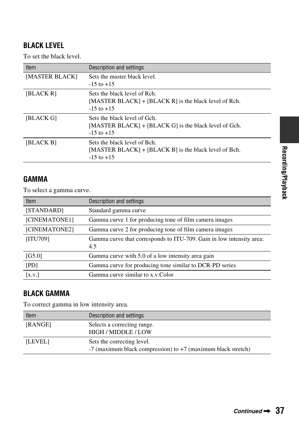 Black level, Gamma, Black gamma | Sony HVR-Z7E User Manual | Page 37 / 146