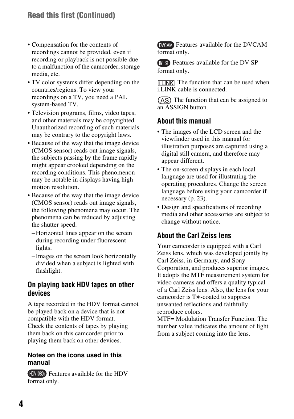 Read this first (continued) | Sony HVR-Z7E User Manual | Page 4 / 146