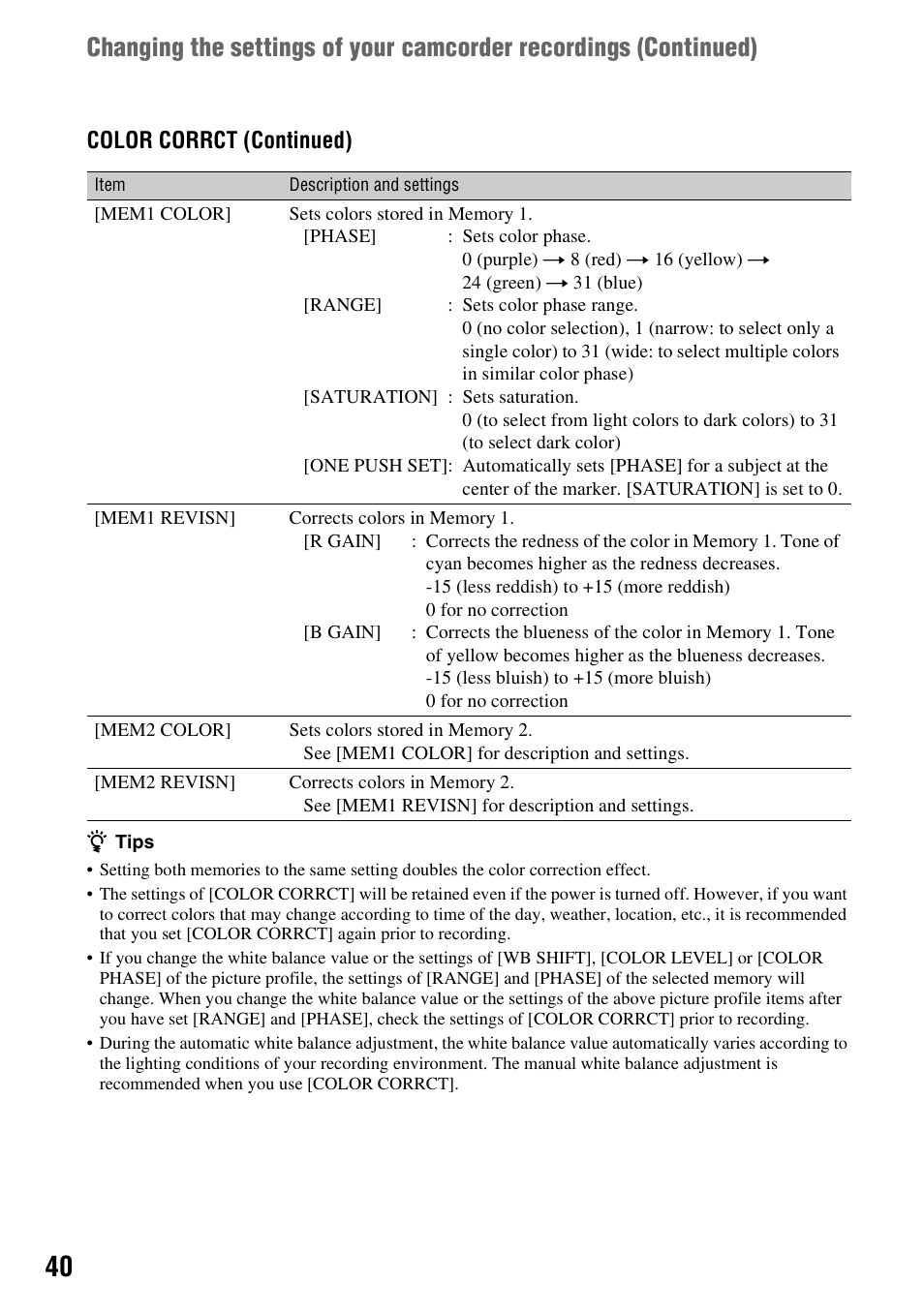 Color corrct (continued) | Sony HVR-Z7E User Manual | Page 40 / 146