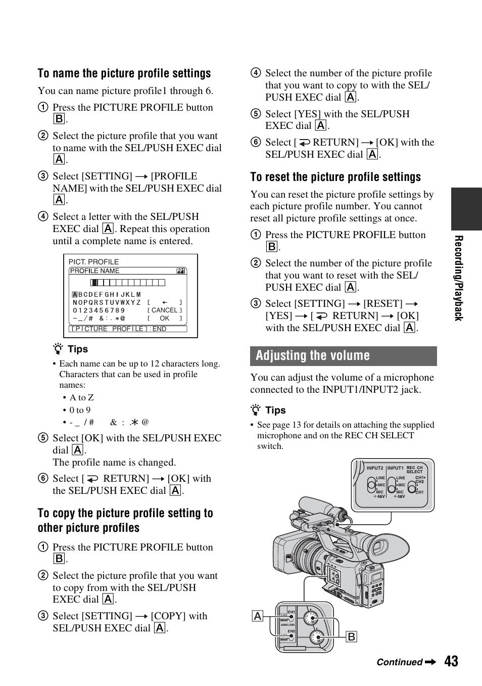 Adjusting the volume | Sony HVR-Z7E User Manual | Page 43 / 146