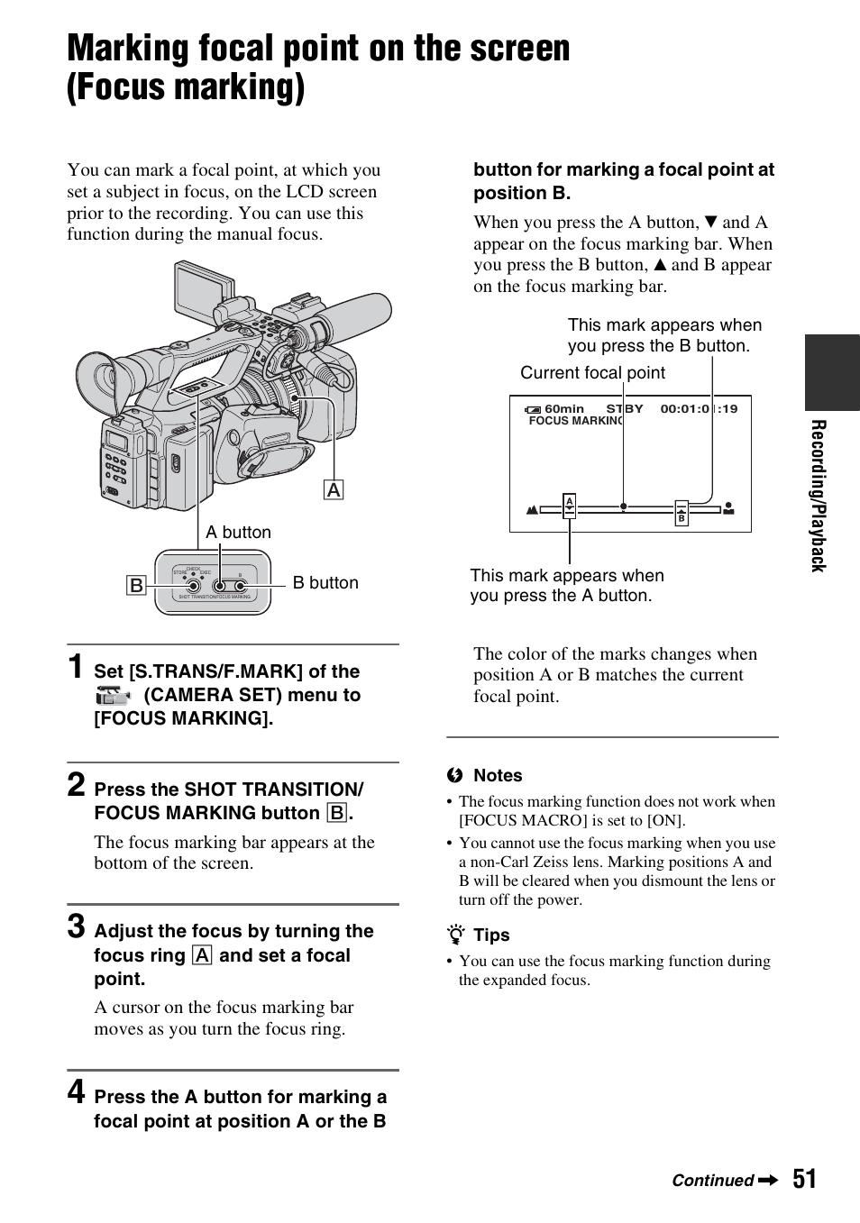 Marking focal point on the screen (focus marking) | Sony HVR-Z7E User Manual | Page 51 / 146