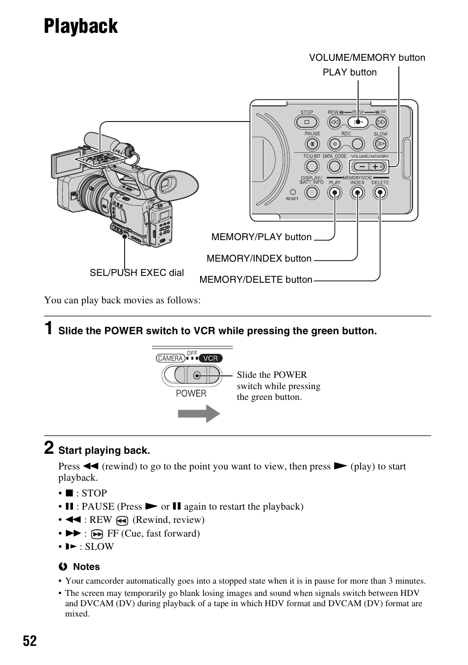 Playback | Sony HVR-Z7E User Manual | Page 52 / 146