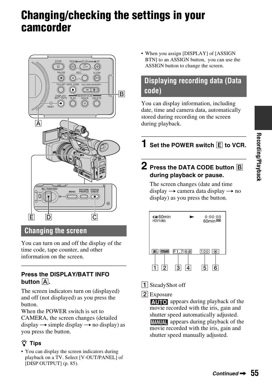 Changing/checking the settings in your camcorder, Changing the screen, Displaying recording data (data code) | Ing (p. 55), P. 55, P. 55) | Sony HVR-Z7E User Manual | Page 55 / 146