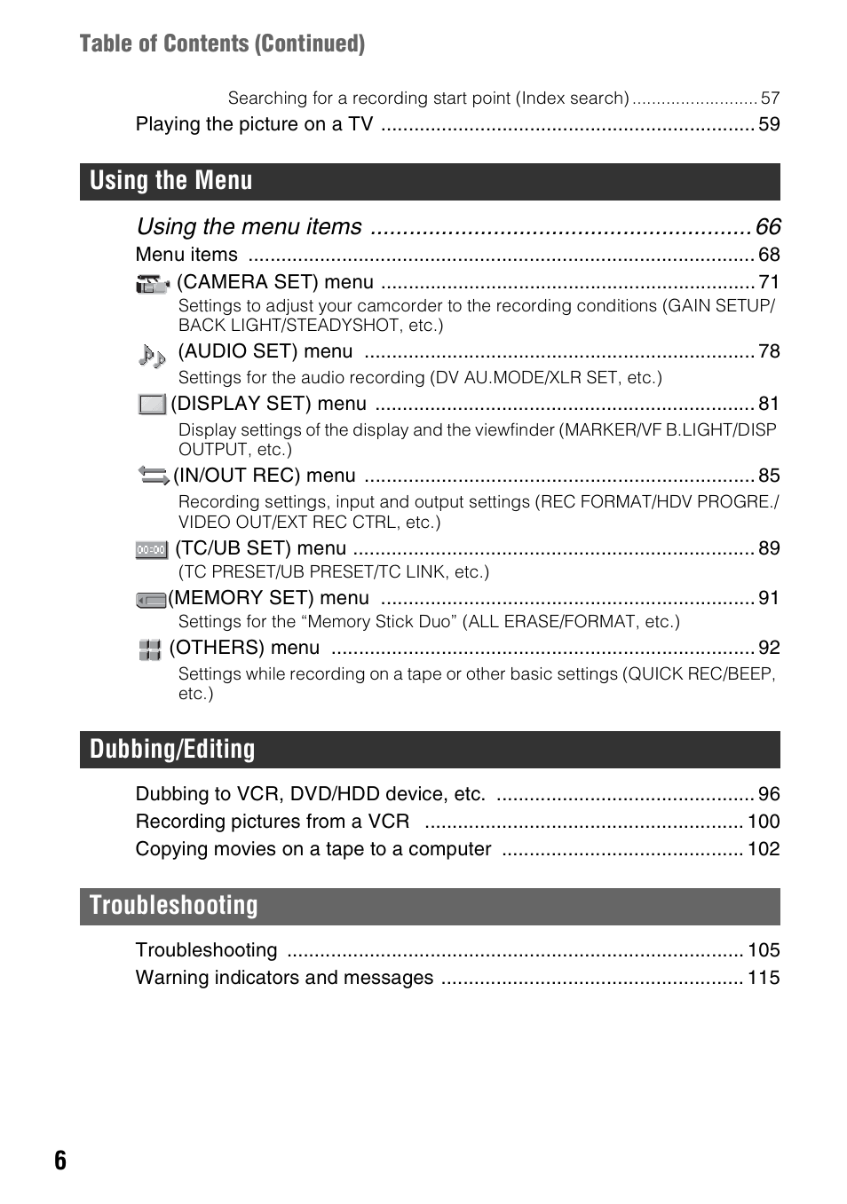 Using the menu dubbing/editing troubleshooting, Using the menu items, Table of contents (continued) | Sony HVR-Z7E User Manual | Page 6 / 146