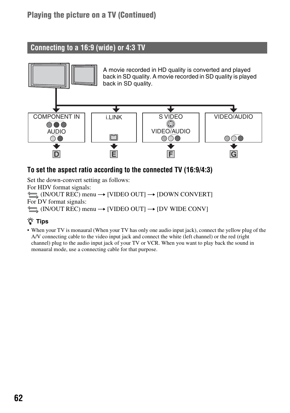 Playing the picture on a tv (continued) | Sony HVR-Z7E User Manual | Page 62 / 146
