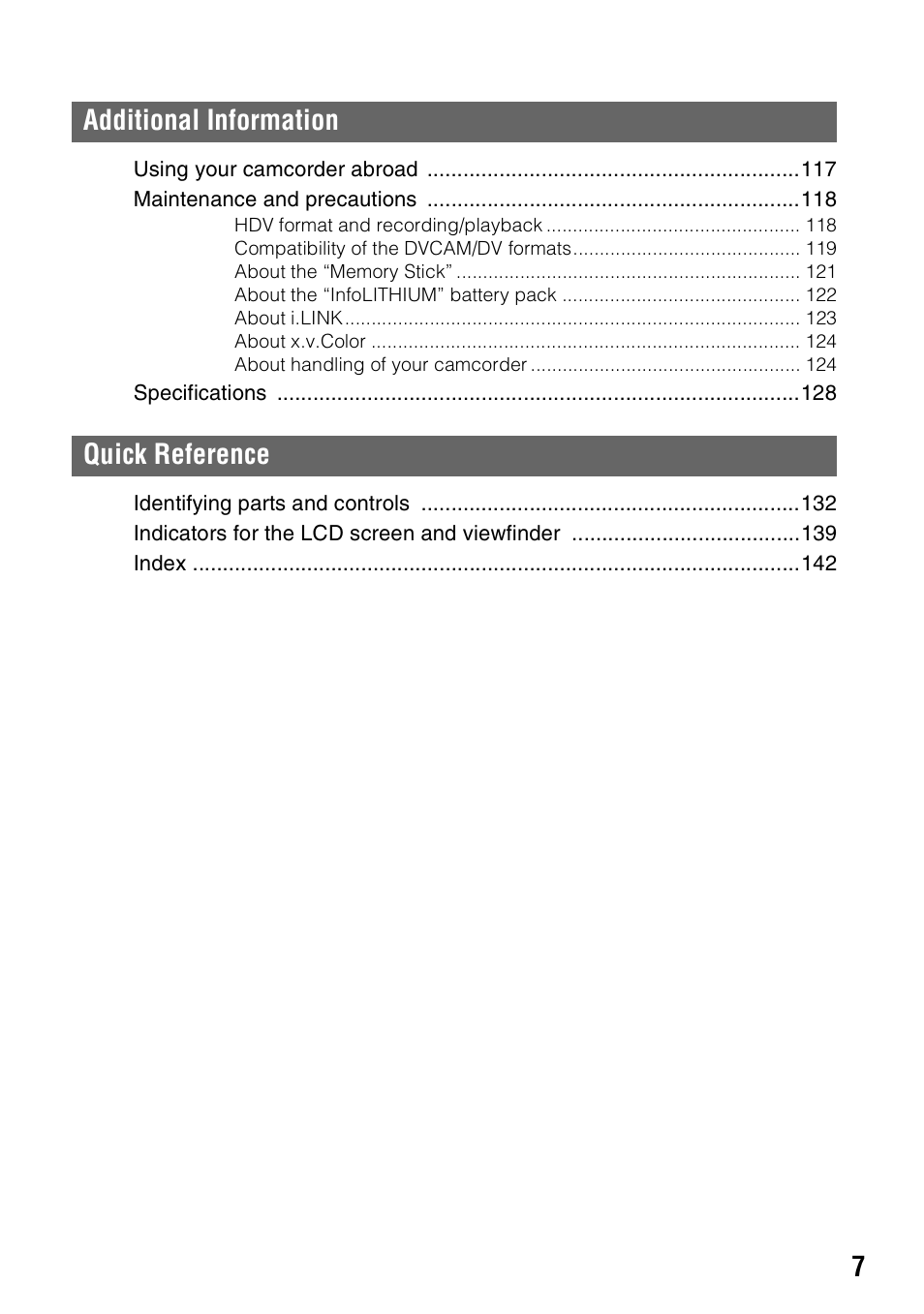 Additional information quick reference | Sony HVR-Z7E User Manual | Page 7 / 146