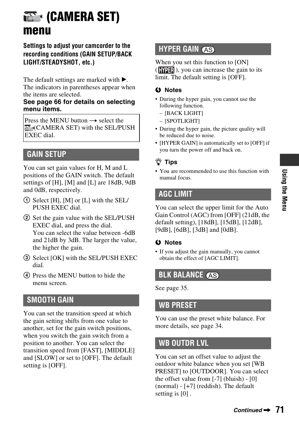 Camera set) menu, P. 71), Gain setup | Smooth gain, Hyper gain, Agc limit, Blk balance, Wb preset, Wb outdr lvl | Sony HVR-Z7E User Manual | Page 71 / 146