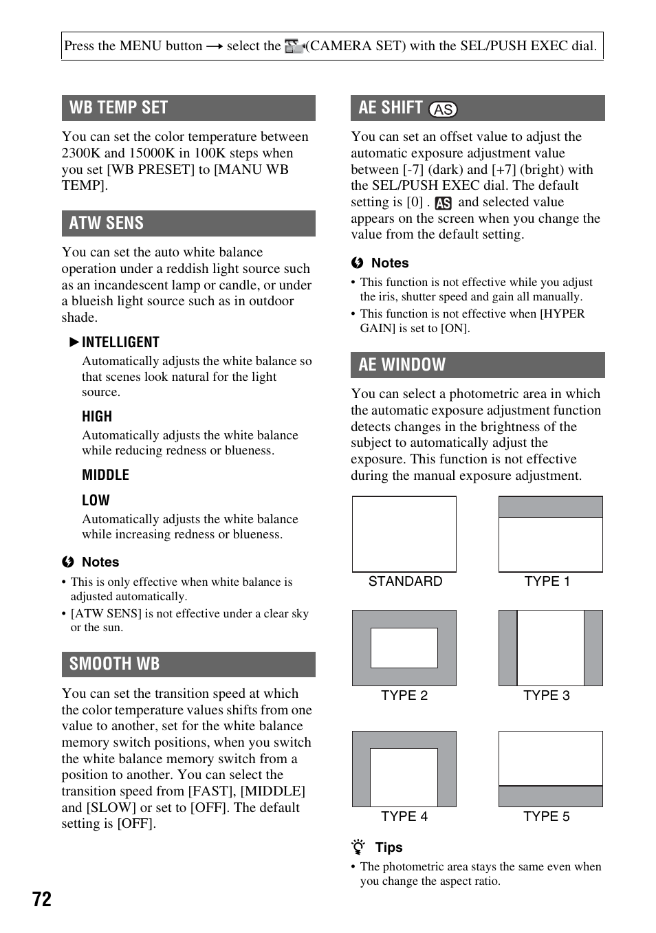 Wb temp set, Atw sens, Smooth wb | Ae shift, Ae window, Wb temp set atw sens smooth wb ae shift ae window | Sony HVR-Z7E User Manual | Page 72 / 146