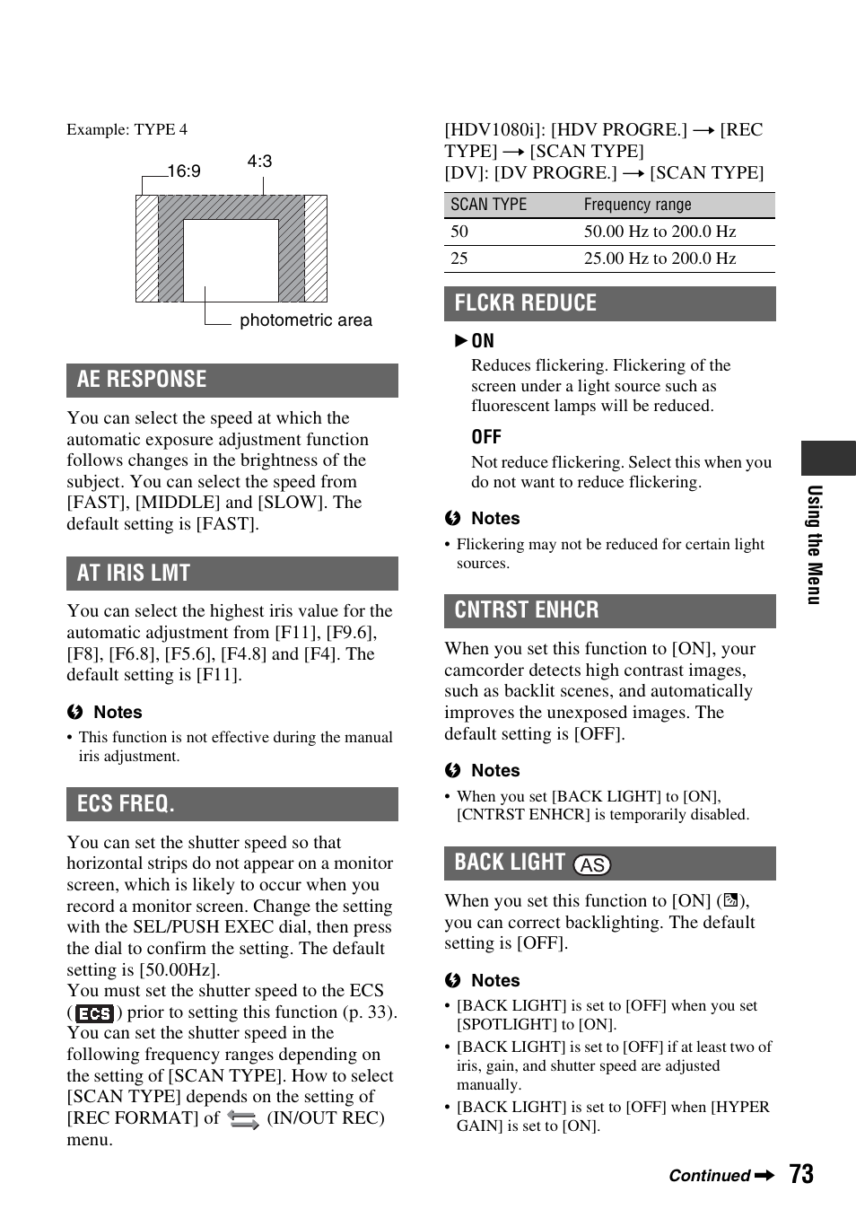 Ae response, At iris lmt, Ecs freq | Flckr reduce, Cntrst enhcr, Back light, Ae response at iris lmt ecs freq, Flckr reduce cntrst enhcr back light | Sony HVR-Z7E User Manual | Page 73 / 146