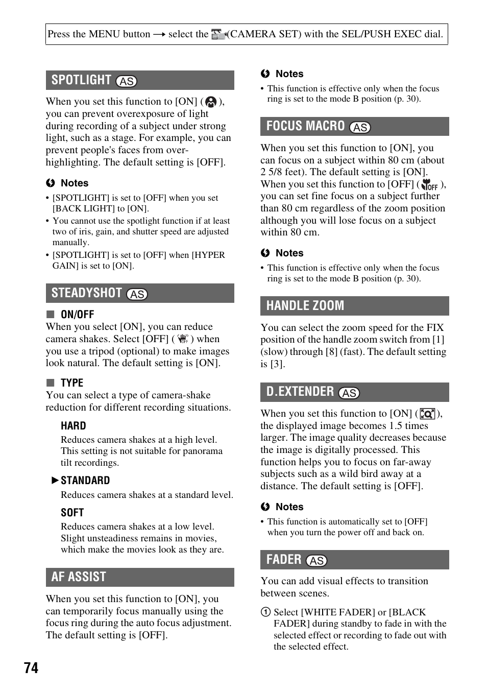 Spotlight, Steadyshot, Af assist | Focus macro, Handle zoom, D.extender, Fader, Steadyshot, et | Sony HVR-Z7E User Manual | Page 74 / 146