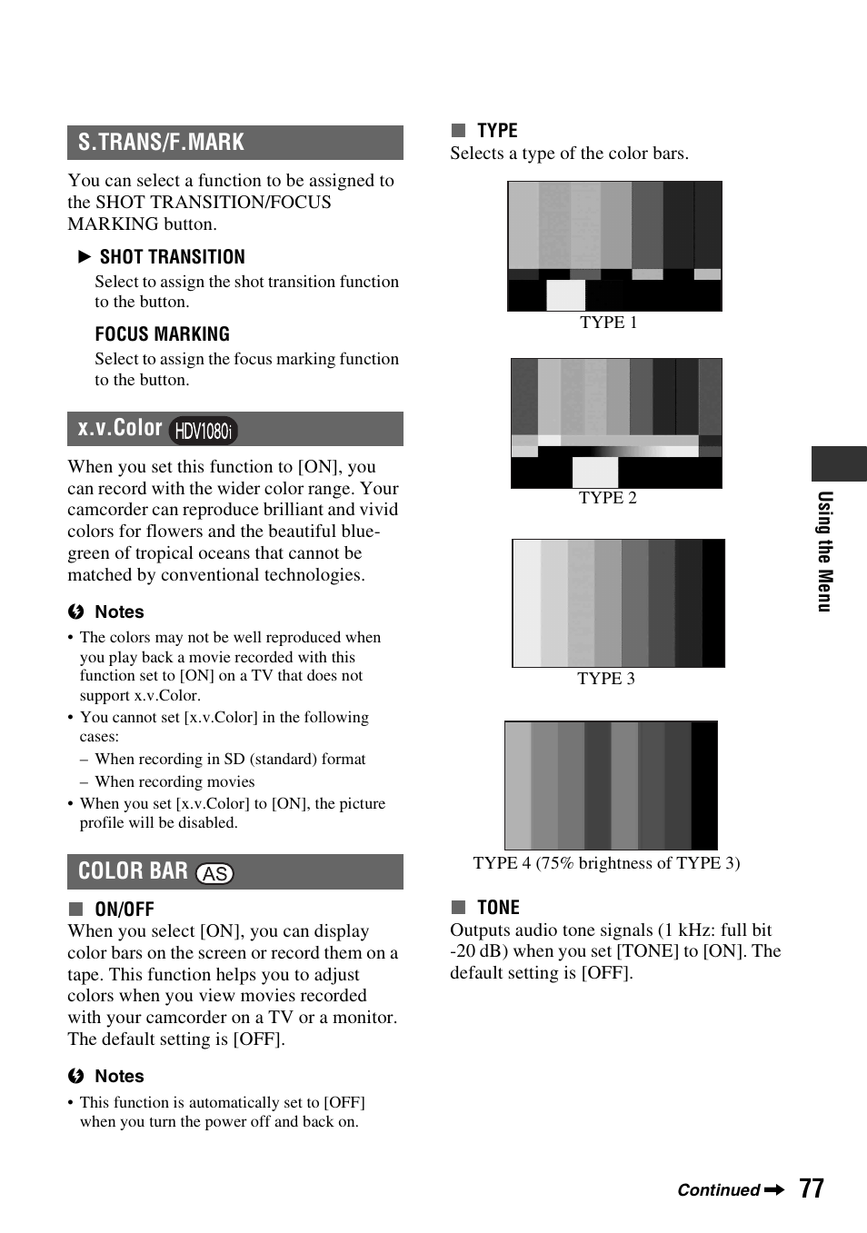 S.trans/f.mark, X.v.color, Color bar | S.trans/f.mark x.v.color color bar | Sony HVR-Z7E User Manual | Page 77 / 146