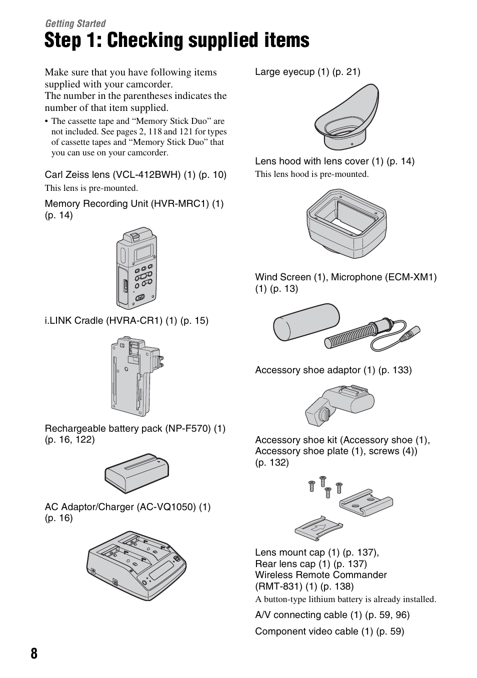 Getting started, Step 1: checking supplied items | Sony HVR-Z7E User Manual | Page 8 / 146