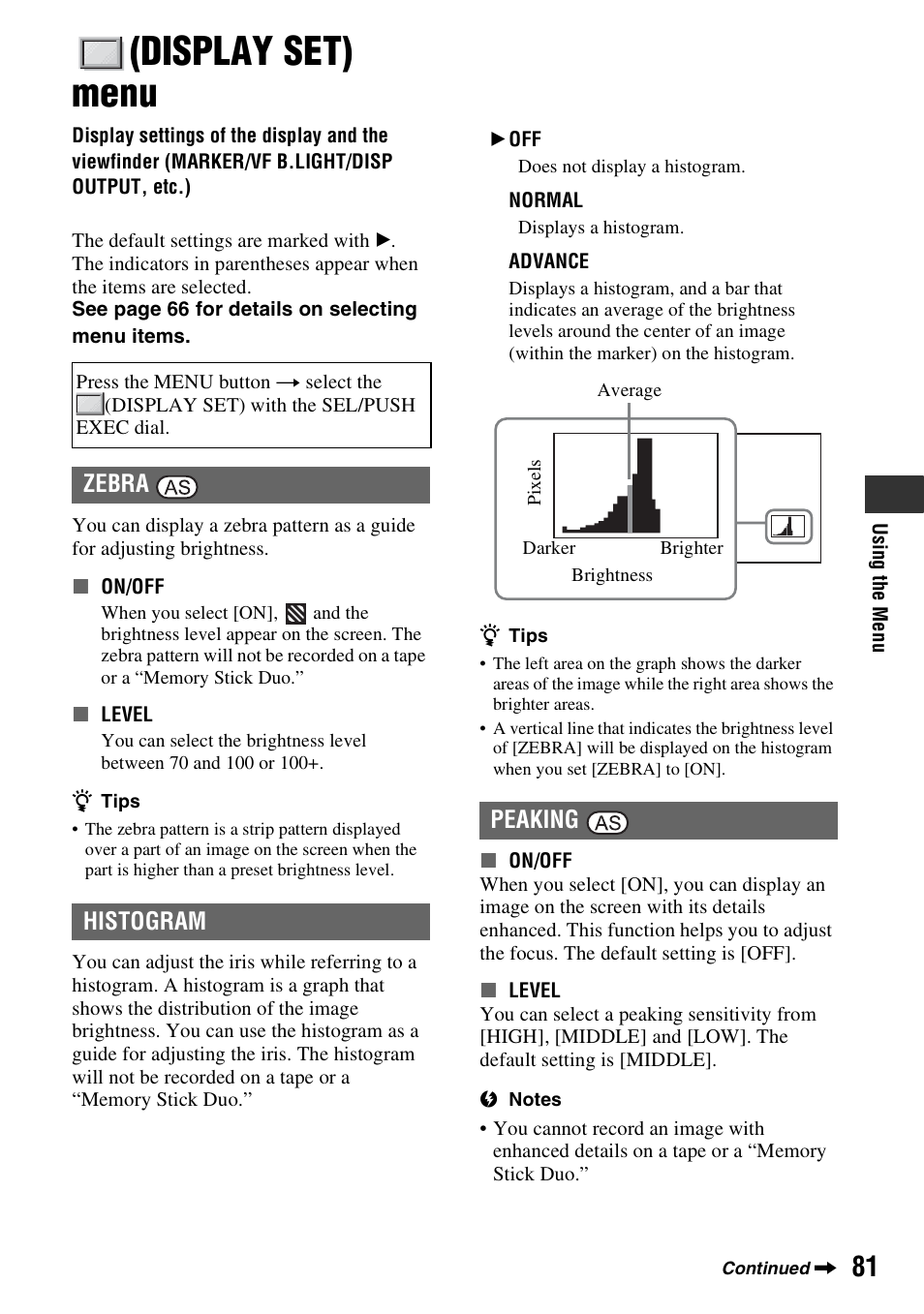 Display set) menu, P. 81), Zebra | Histogram, Peaking, Zebra histogram | Sony HVR-Z7E User Manual | Page 81 / 146