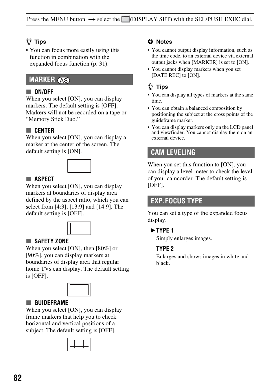 P. 82, Marker, Cam leveling | Exp.focus type, Marker cam leveling exp.focus type | Sony HVR-Z7E User Manual | Page 82 / 146