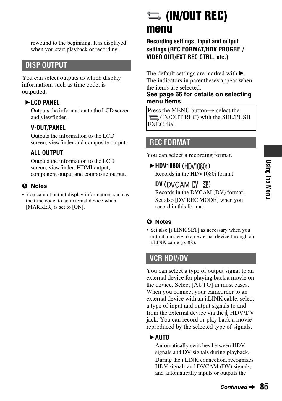 In/out rec) menu, P. 85), C (p. 85) | Disp output, Rec format, Vcr hdv/dv | Sony HVR-Z7E User Manual | Page 85 / 146