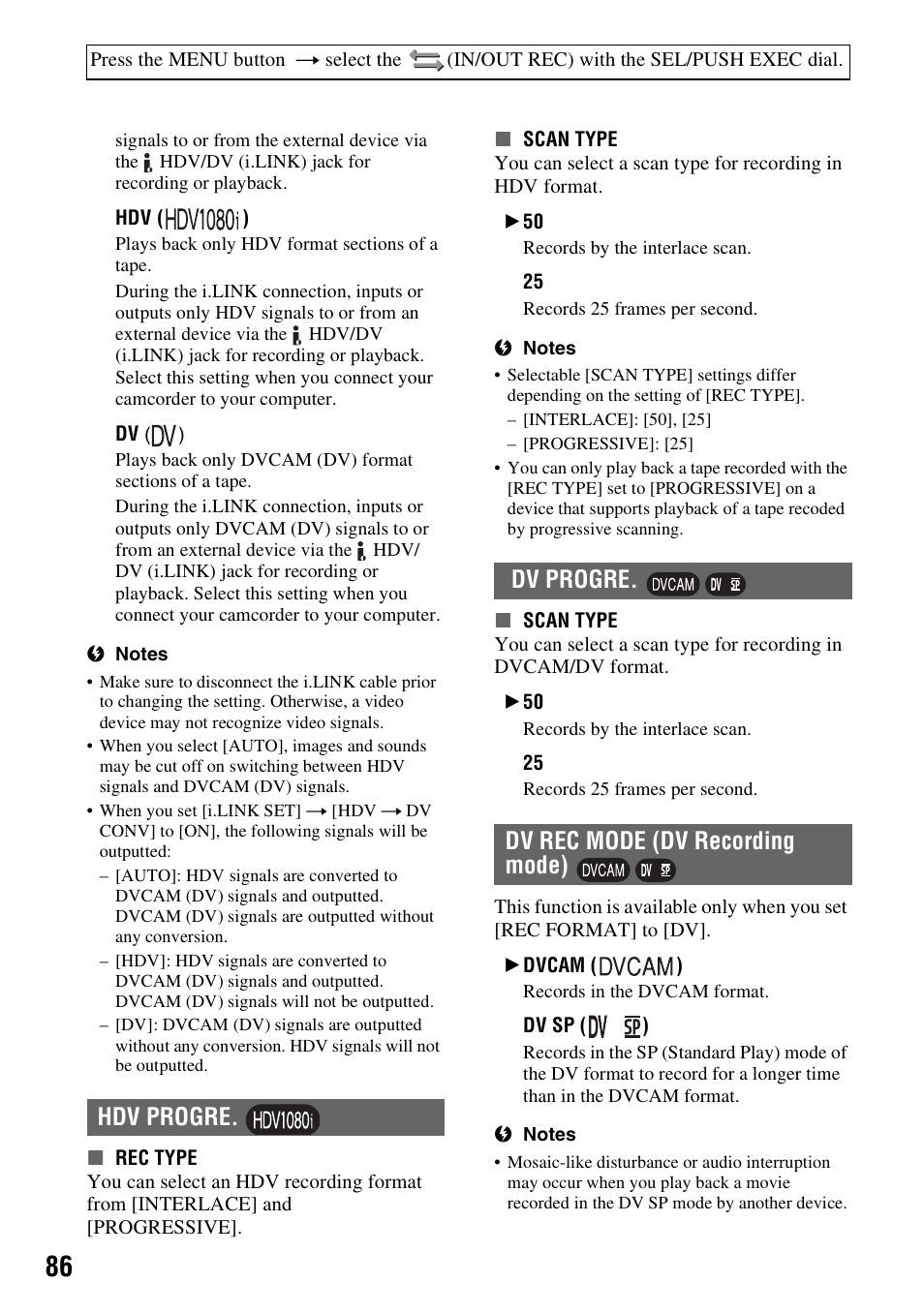 P. 86), Hdv progre, Dv progre | Dv rec mode | Sony HVR-Z7E User Manual | Page 86 / 146
