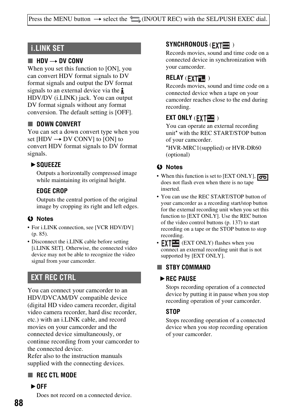 P. 88), I.link set, Ext rec ctrl | I.link set ext rec ctrl | Sony HVR-Z7E User Manual | Page 88 / 146