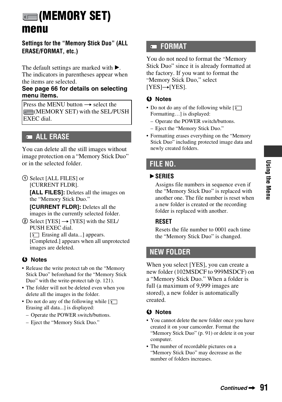 Memory set) menu, P. 91), All erase | Format, File no, New folder, Format file no. new folder | Sony HVR-Z7E User Manual | Page 91 / 146