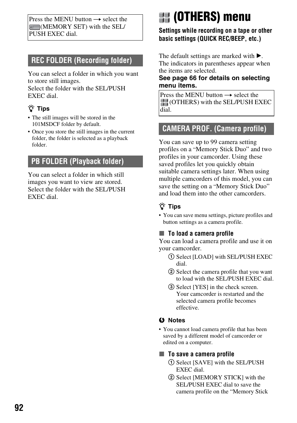 Others) menu, P. 92), Rec folder | Pb folder, Camera prof, Camera prof. (camera profile) | Sony HVR-Z7E User Manual | Page 92 / 146