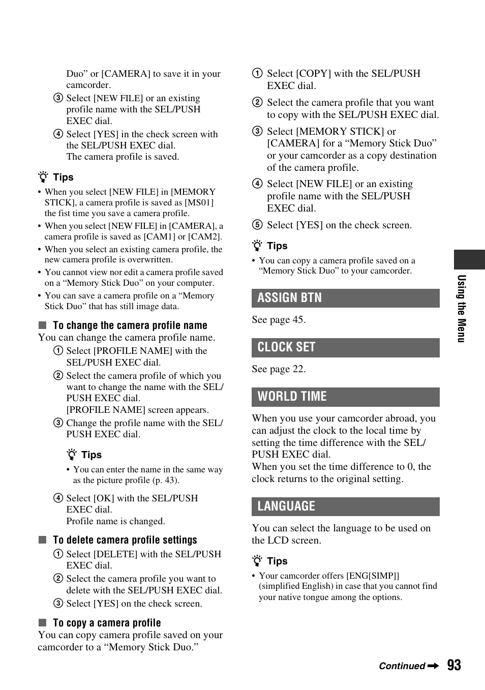 Assign btn, Clock set, World time | Language, Assign btn clock set world time language | Sony HVR-Z7E User Manual | Page 93 / 146