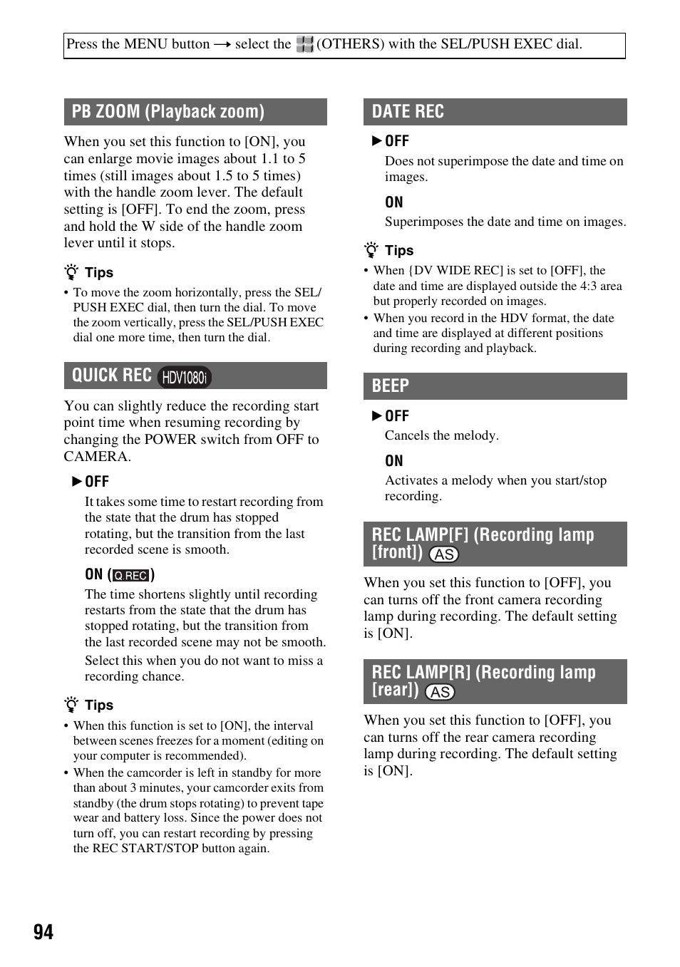 P. 94), Pb zoom, Quick rec | Date rec, Beep, Rec lamp[f, Rec lamp[r | Sony HVR-Z7E User Manual | Page 94 / 146