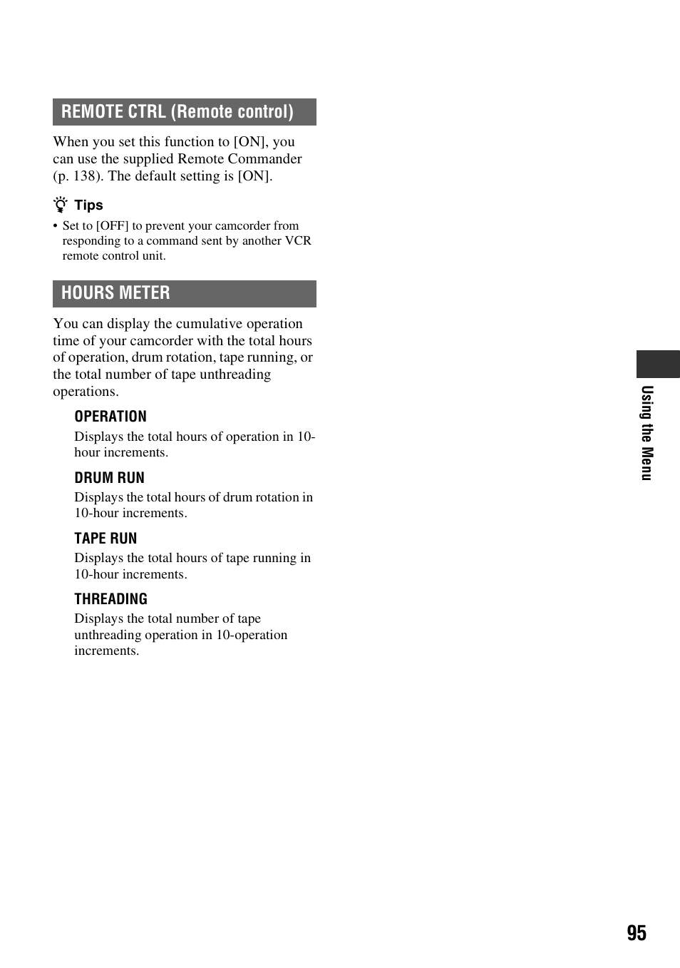 Remote ctrl, Hours meter, Remote ctrl (remote control) hours meter | Sony HVR-Z7E User Manual | Page 95 / 146