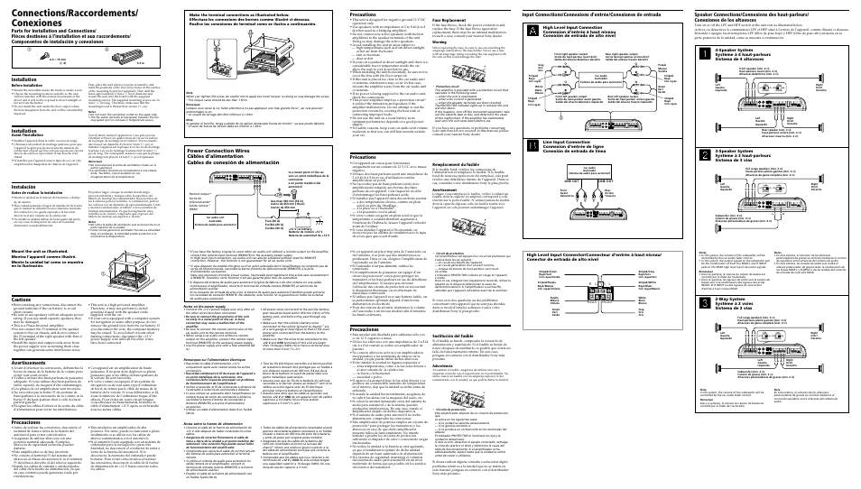 Connections/raccordements/ conexiones, Installation instalación, Installation | Precauciones, Précautions, Precautions, Way system système à 2 voies sistema de 2 vías, Sustitución del fusible, Fuse replacement, Remplacement du fusible | Sony XM4S User Manual | Page 2 / 2