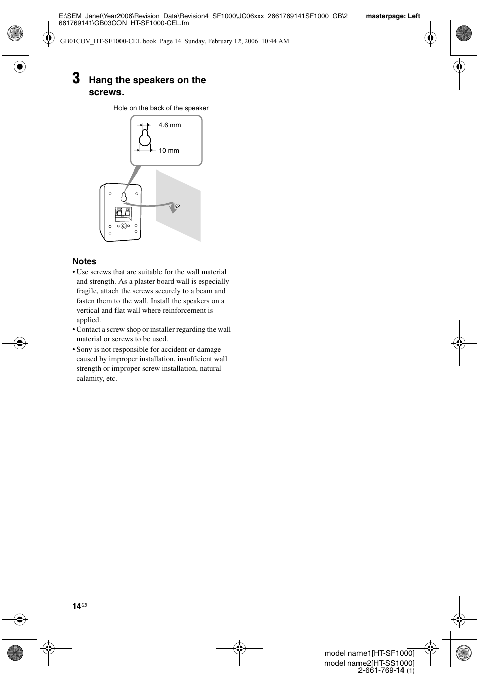 Hang the speakers on the screws | Sony HT-SS1000 User Manual | Page 14 / 60